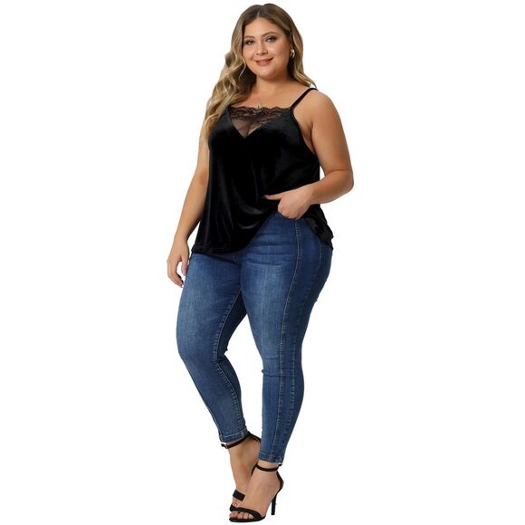 Velvet Camisole Plus Size Adjustable Strap Lace Sleeveless Cami Tank Tops Black - Picture 3 of 6